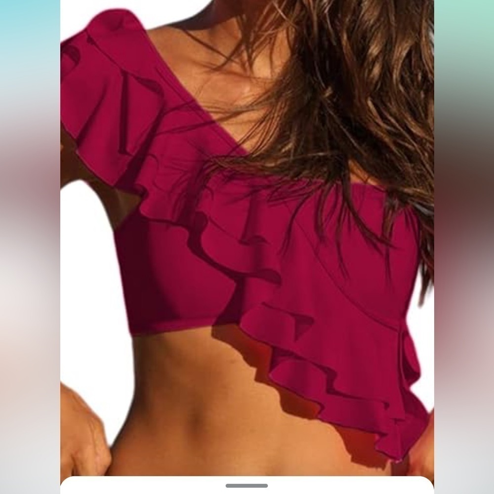 New bikini top maroon ruffle one shoulder removable pads size small A9